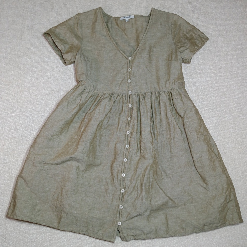 Madewell Linen Blend Button Front Empire Waist Mini Dress Women's XS Olive Green